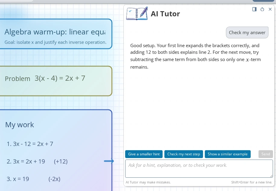 AI Tutor panel checking visible algebra work and showing quick replies