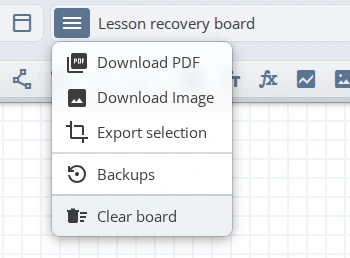 Board menu opened from the top-left toolbar with the Backups option visible
