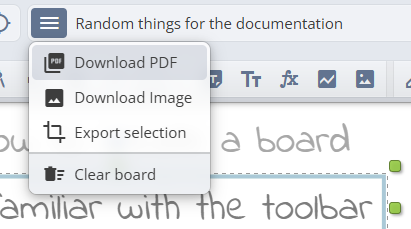 Export menu with download options for PDF and Image