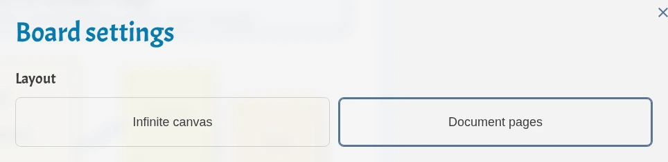 Board settings dialog showing Infinite canvas and Document pages layout choices