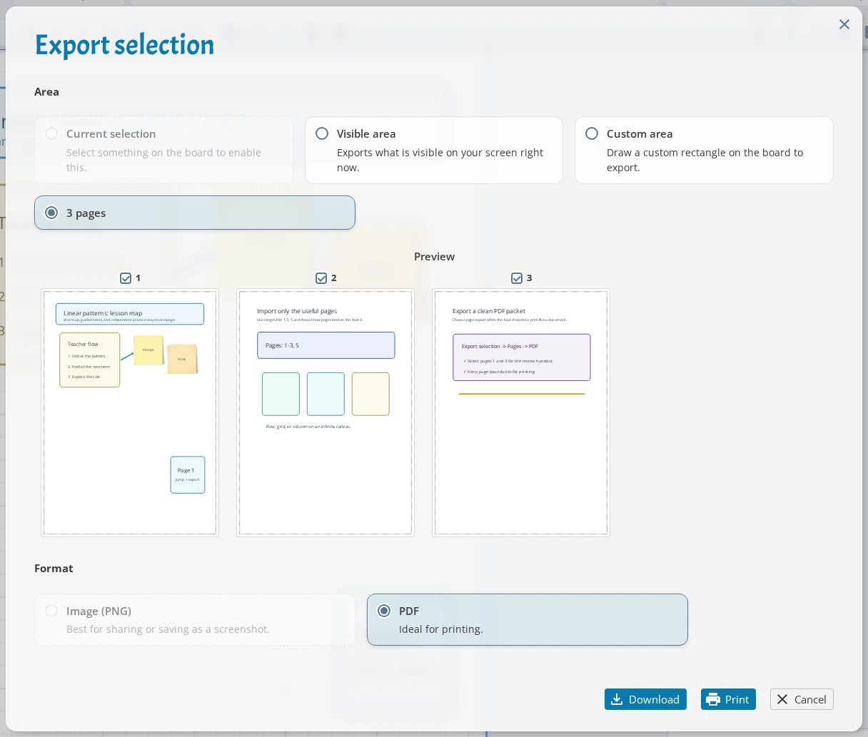 Export selection dialog showing page export with selected document pages