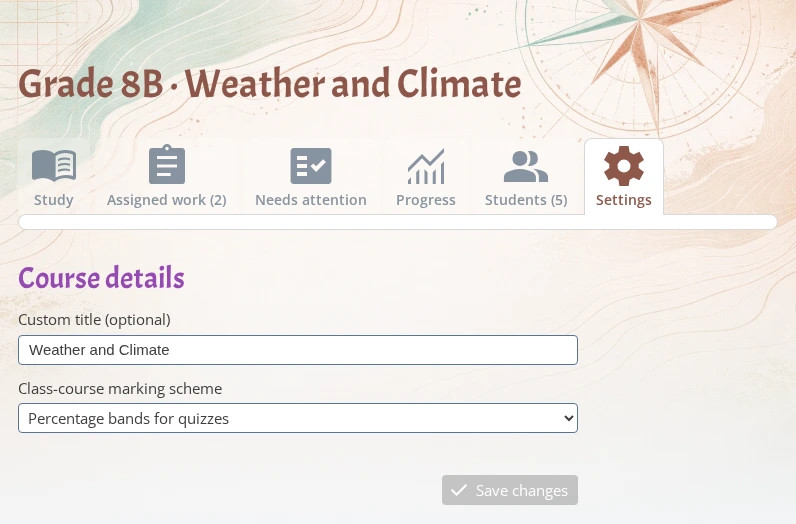 Class course settings with a marking scheme selector