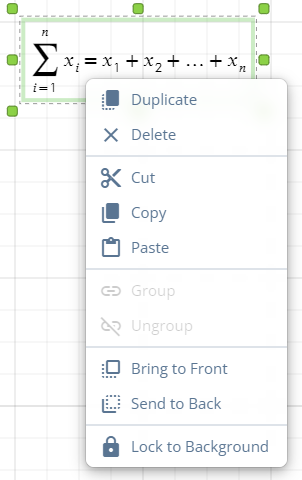 Context menu options for editing objects on the whiteboard