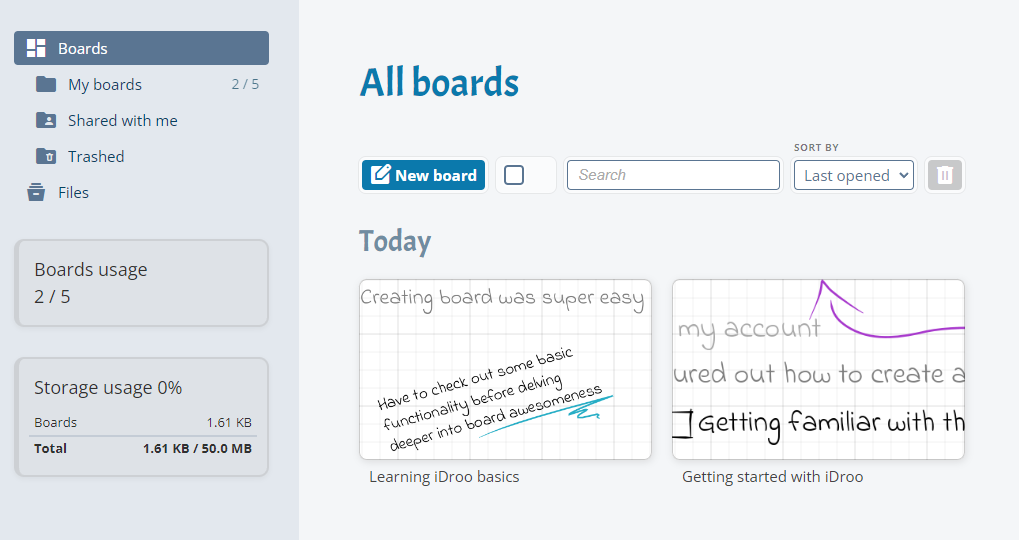 Dashboard view showing the list of boards and categories