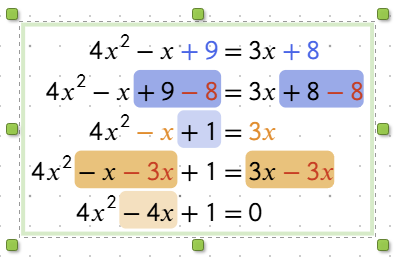 Gleichungseditor, der 4x² - x + 9 = 3x + 8 mit blau und orange hervorgehobenen Termen zeigt