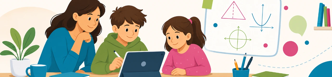 Parent and children studying together with a shared tablet and whiteboard