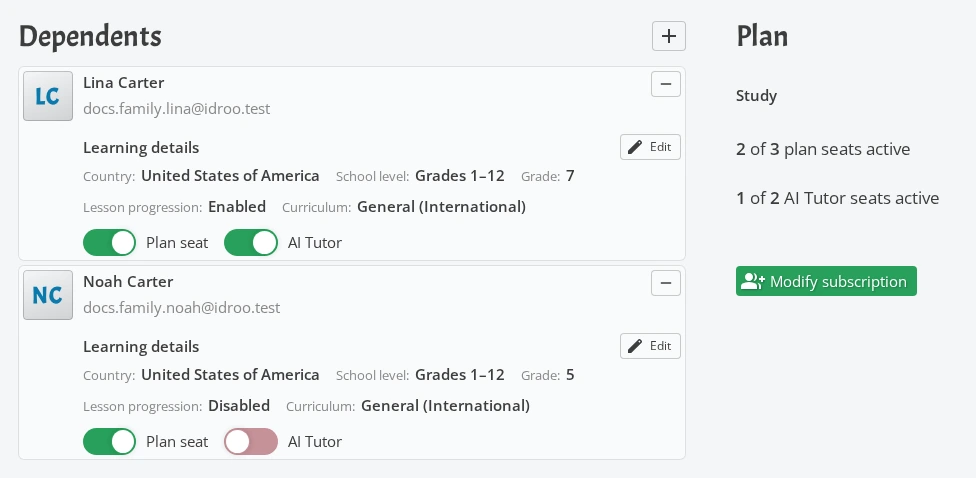 Plan summary and child seat toggles in a family account