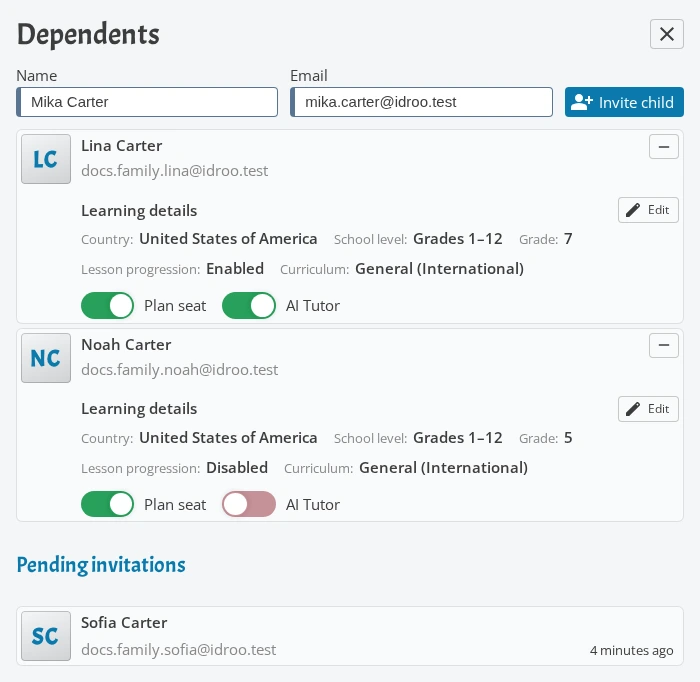 Family user settings with children, an invitation, and learning details