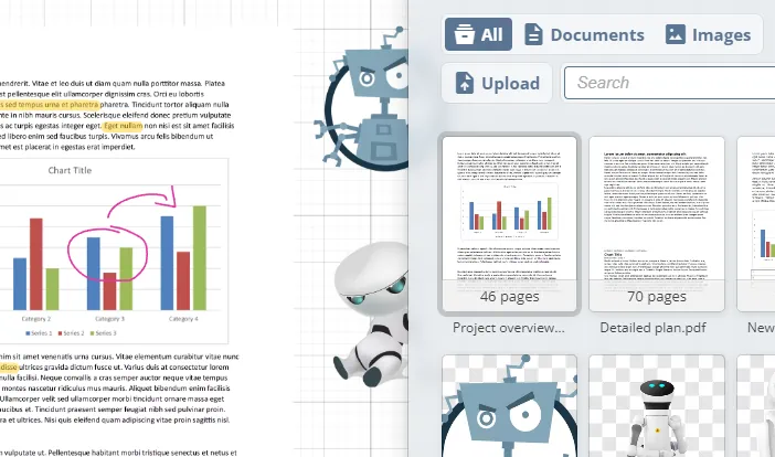 Tableau blanc avec une superposition de tiroir de fichiers montrant des documents et des images. Le côté gauche affiche un document avec un graphique et des annotations. Des onglets pour 'Tous', 'Documents' et 'Images' sont visibles, avec une option de téléchargement et des vignettes de fichiers.