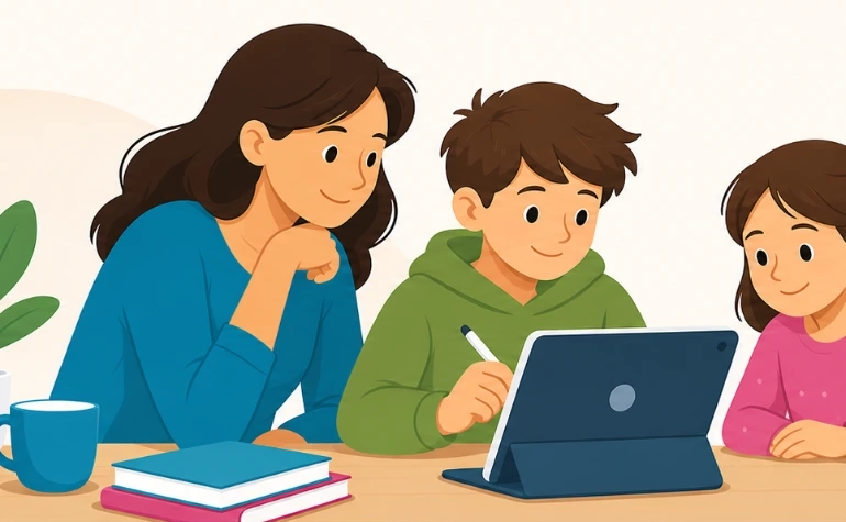 Illustrazione di un genitore e bambini che studiano insieme