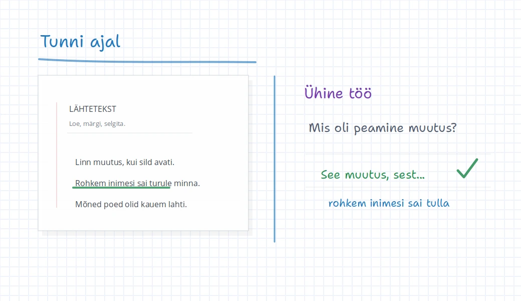 iDroo tahvel live-veebitunniga, lähteteksti, allajoonitud lause, ühise vastuse ala ja arutelumärkmega