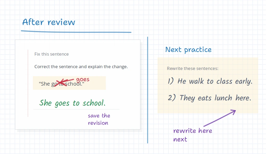 iDroo worksheet review board with corrected work, a small practice prompt, and saved review notes