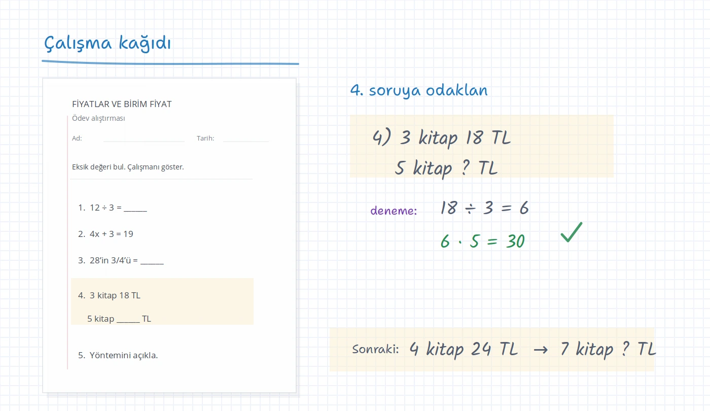 Çalışma kağıdı sayfası, yakınlaştırılmış soru, öğretmen notları ve takip alıştırması içeren iDroo tahtası