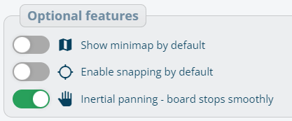 Optional features toggles for minimap, snapping, and inertial panning