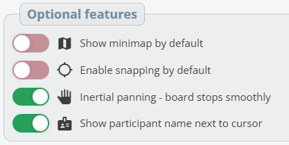 Optional features toggles for minimap, snapping, and inertial panning