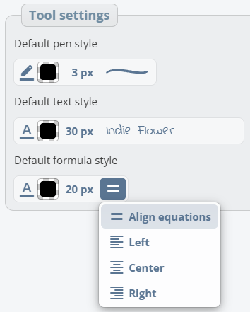 Tool settings including pen and text styles