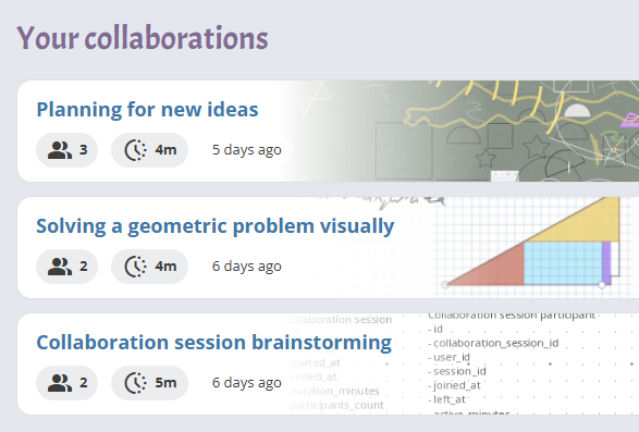 Dashboard collaborations list showing active and recent sessions.
