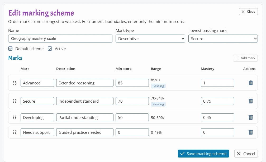 Marking scheme editor with marks, score ranges, and mastery values