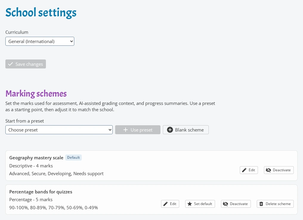 School settings page with curriculum and marking schemes