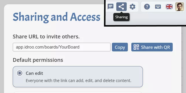 Pannello di condivisione e accesso su iDroo