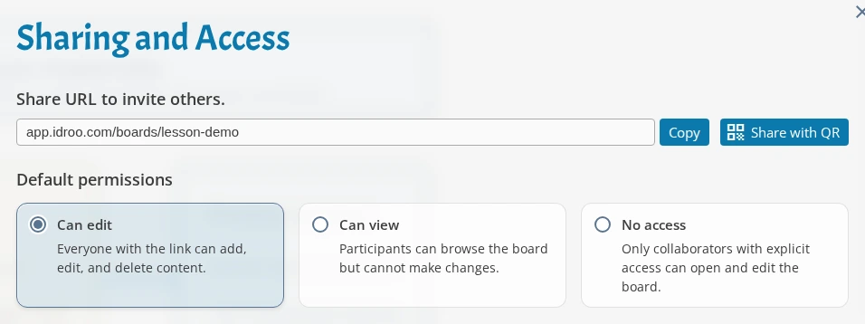 Sharing and access modal in iDroo