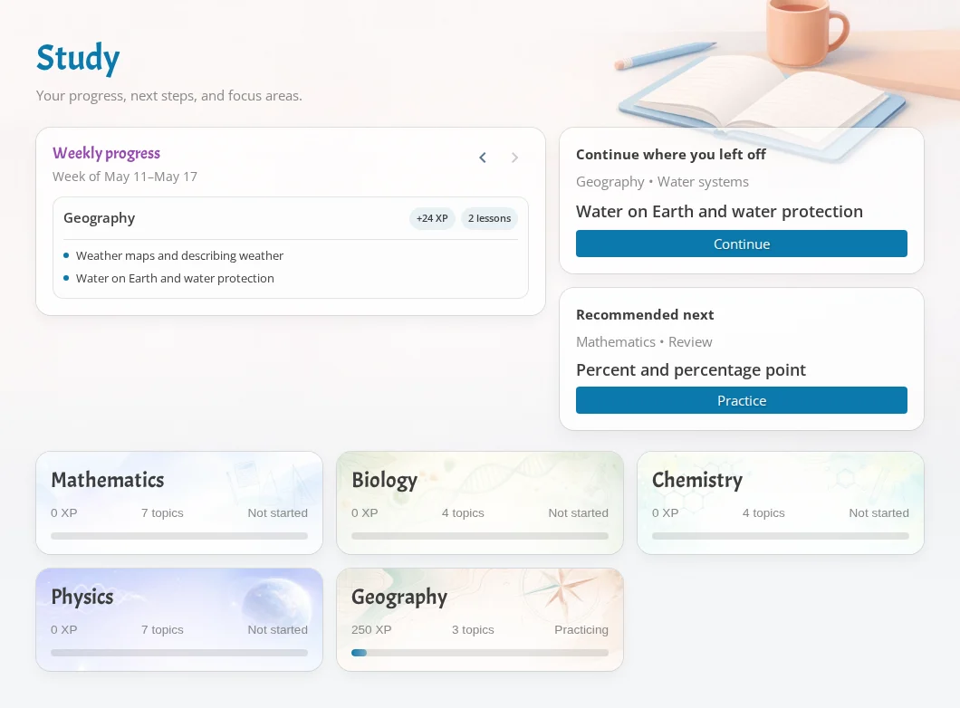 Study overview with subjects and weekly progress