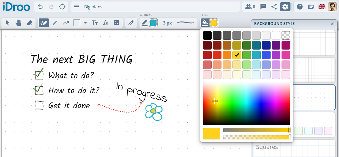 Schermata dell'interfaccia iDroo che mostra un disegno semplice, barra degli strumenti e opzioni