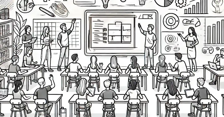 Illustration eines Klassenzimmers mit einem Lehrer, der vorne einen interaktiven Bildschirm benutzt, während Schüler an ihren Tischen sitzen und am Unterricht teilnehmen, mit Lehrmaterialien im Hintergrund.