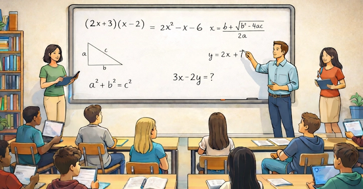 Ilustración de un aula con un profesor utilizando una pantalla interactiva al frente, mientras los estudiantes están sentados en sus escritorios, participando activamente en la lección, con materiales educativos en el fondo.