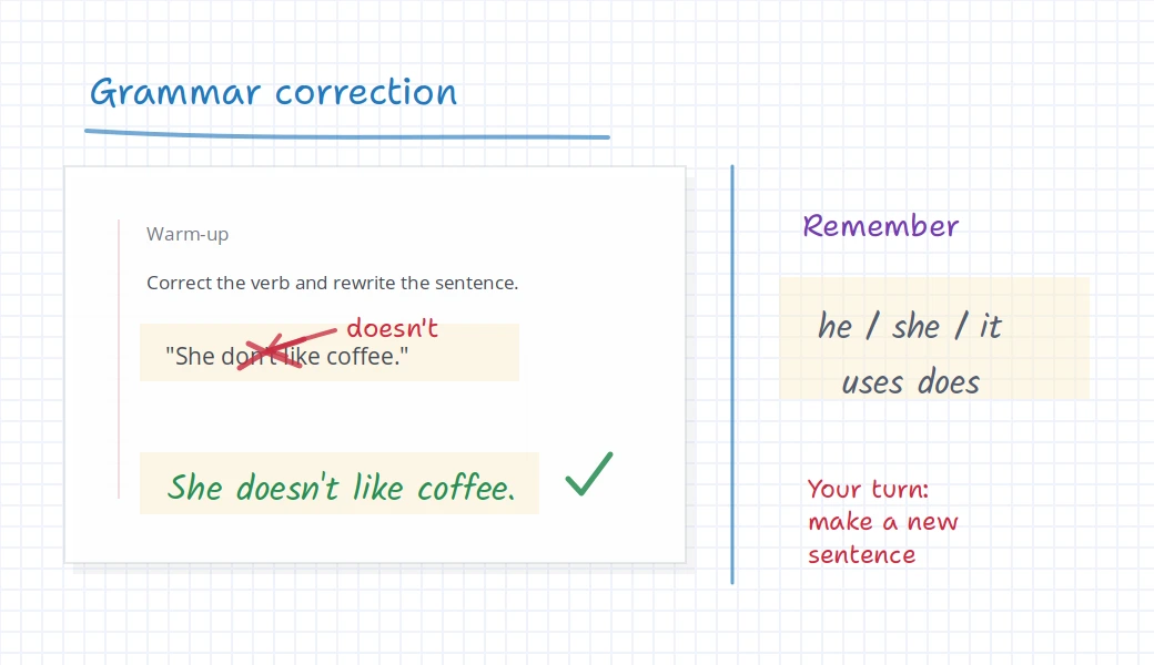 iDroo board showing a grammar correction, rewritten sentence, and small reminder for a language lesson